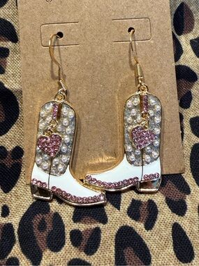White & Gold Cowboy Boot Dangle Earrings with Pink Rhinestone Hearts